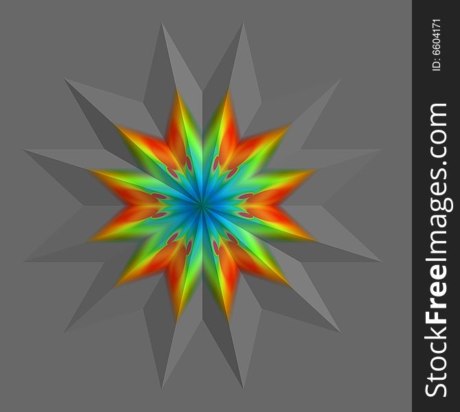 An abstract rainbow colored star on a gray background.