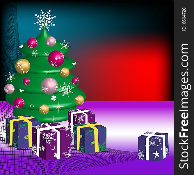 Abstract illustration with Christmas tree and colorful gift boxes. Abstract illustration with Christmas tree and colorful gift boxes