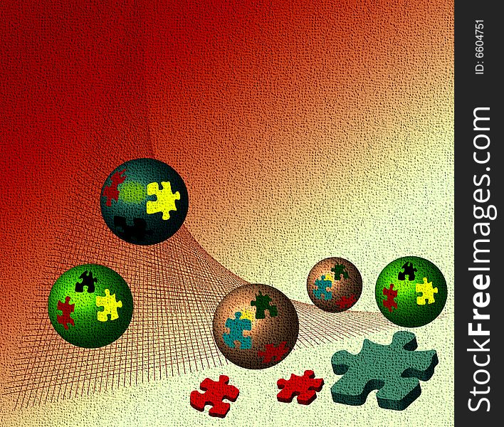 Abstract background with colorful puzzle balls rolling down from a red net. Abstract background with colorful puzzle balls rolling down from a red net