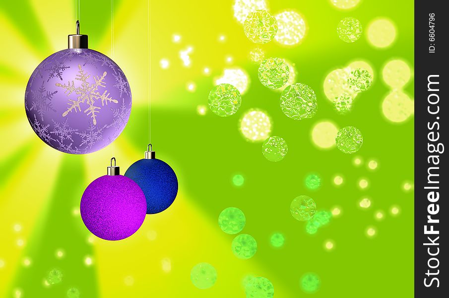 White shining christmas ball hangs at night with two smaller. White shining christmas ball hangs at night with two smaller