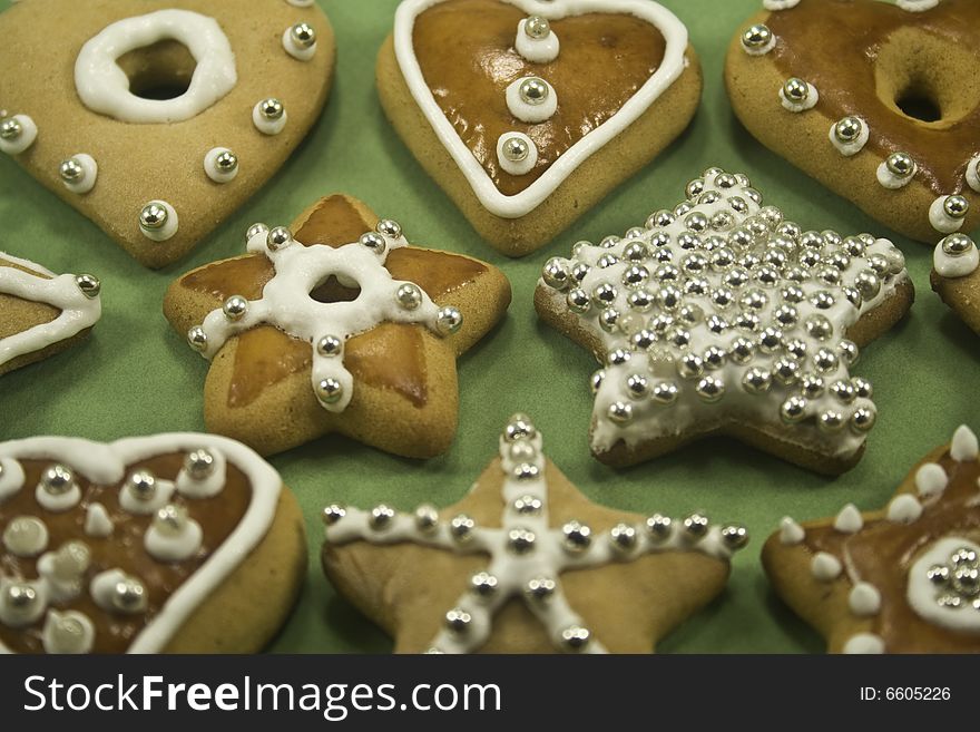 Close-up of a variety of decorated cookies focus on center row. Close-up of a variety of decorated cookies focus on center row