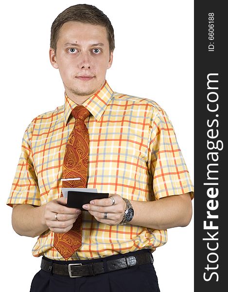 Young, elegant European businessman, wearing suit, shirt and tie. Smiling friendly. Holding name cards. Young, elegant European businessman, wearing suit, shirt and tie. Smiling friendly. Holding name cards.