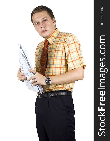 Young, elegant European businessman, wearing suit, shirt and tie. Smiling friendly. Holding documents. Young, elegant European businessman, wearing suit, shirt and tie. Smiling friendly. Holding documents