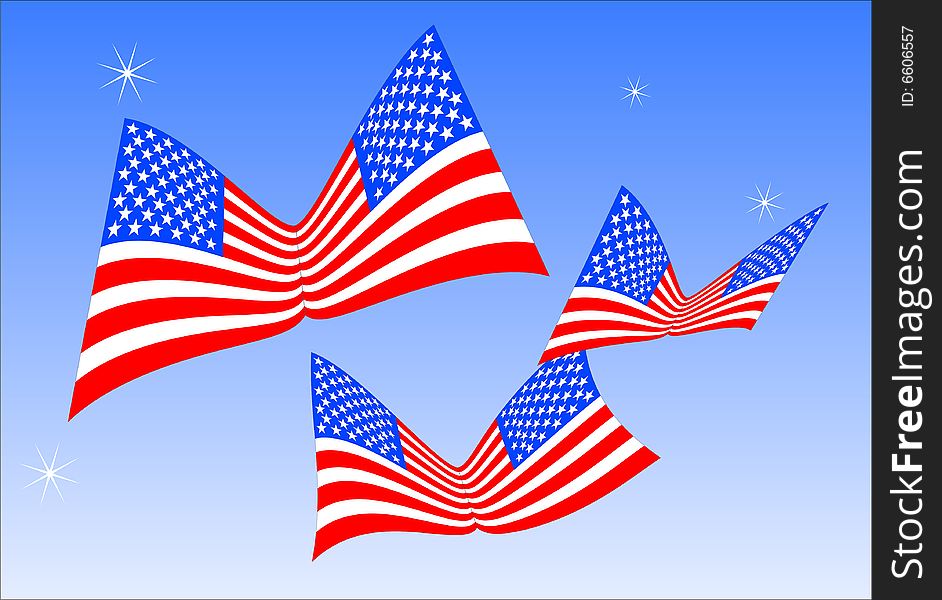 American flags flying in blue sky with stars. American flags flying in blue sky with stars