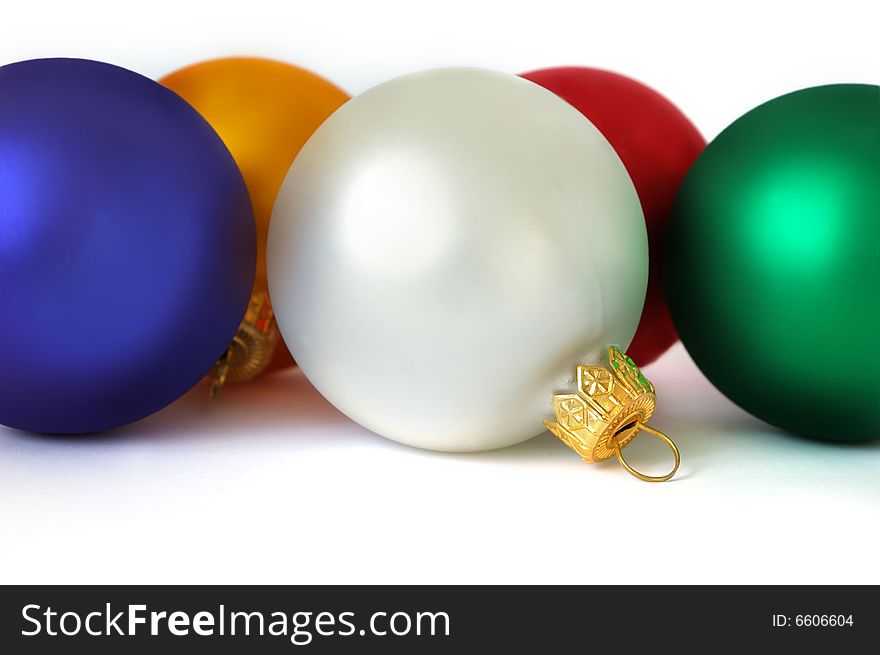 Christmas card. Five spheres on a white background
