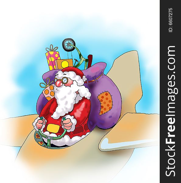 Santa Claus with his presents on the plane. Illustration made in Photoshop.