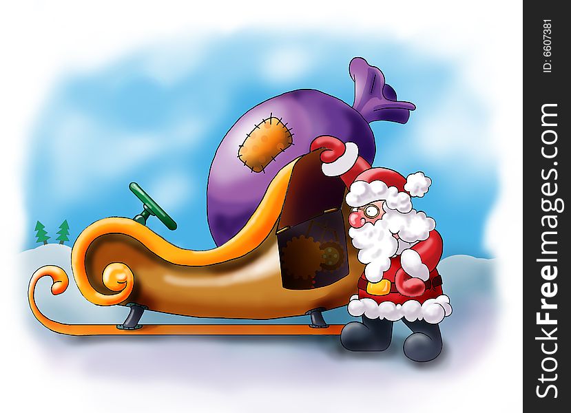 Santa Claus having a rest near his sledge. Illustration made in Photoshop.