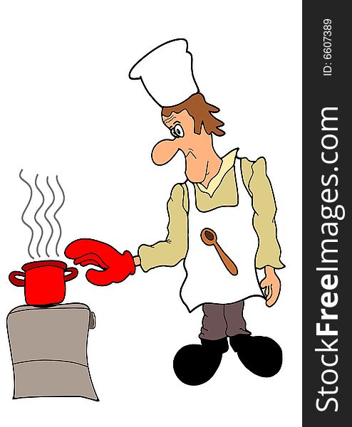 This illustration depicts a cooking man in glove  trying to grab a hot cooking pot. This illustration depicts a cooking man in glove  trying to grab a hot cooking pot.