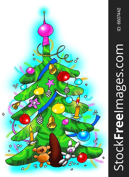 Fine decorated Christmas tree. Illustration made in Photoshop.