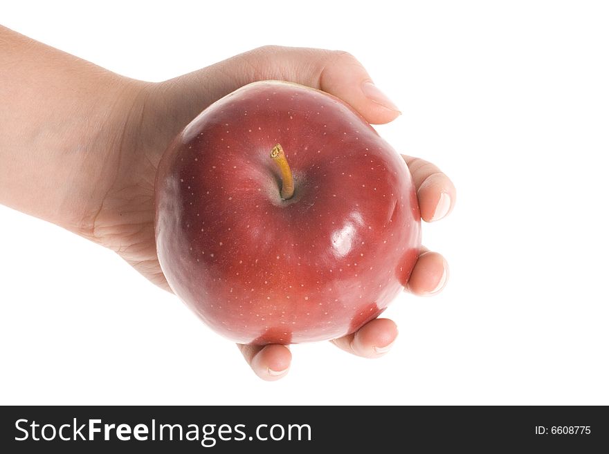 Red apple in hand isolated on white backgrounds