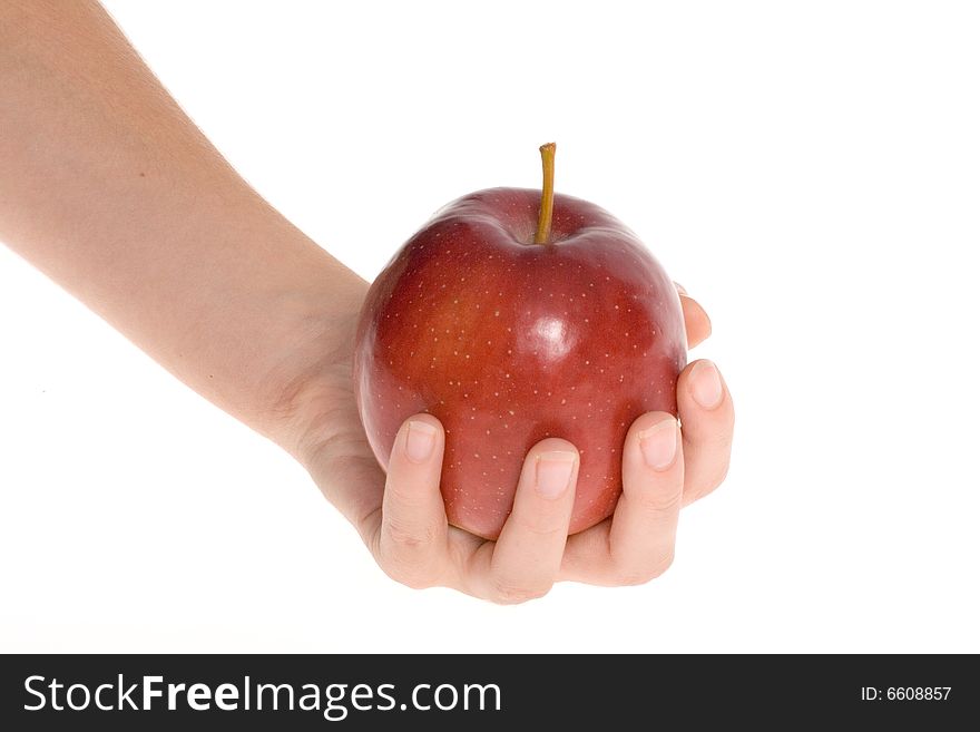 Red apple in hand isolated on white backgrounds