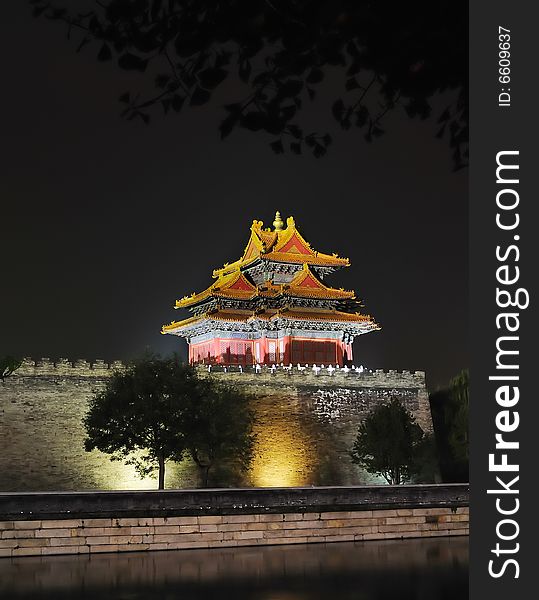 Watchtower at a corner of a city wall in beijing at night. Watchtower at a corner of a city wall in beijing at night