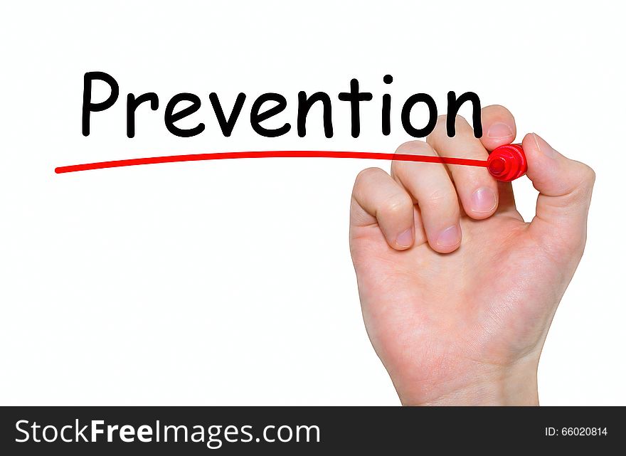 Hand writing Prevention with red marker on transparent wipe board