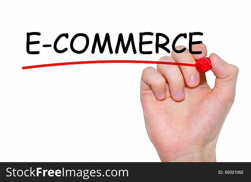 Hand Writing E-commerce With Red Marker On Transparent Wipe Boar