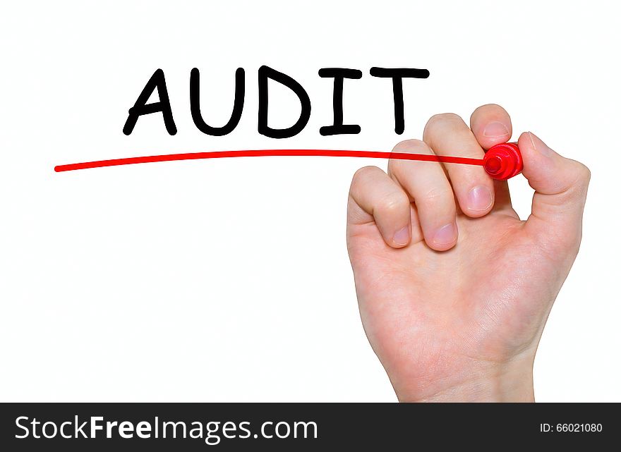 Hand Writing Audit, With Red Marker On Transparent Wipe Board.