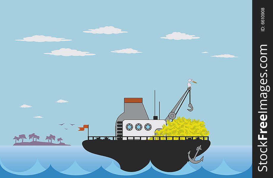 Illustration of toy cargo ship in the sea
