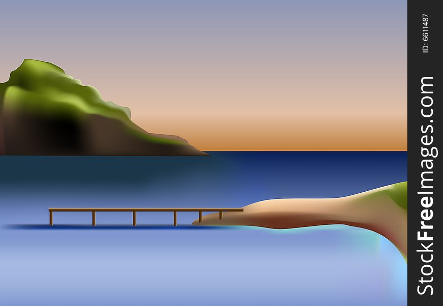 Sea pier with a mountain at horizon