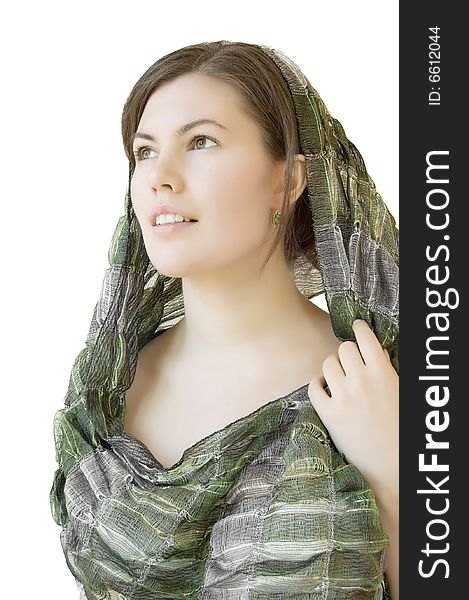 Beautiful girl with green scarf isolated over white