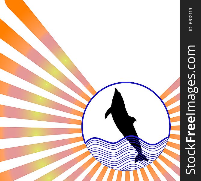 Silhouette jumping dolphin against colorful radial rays background