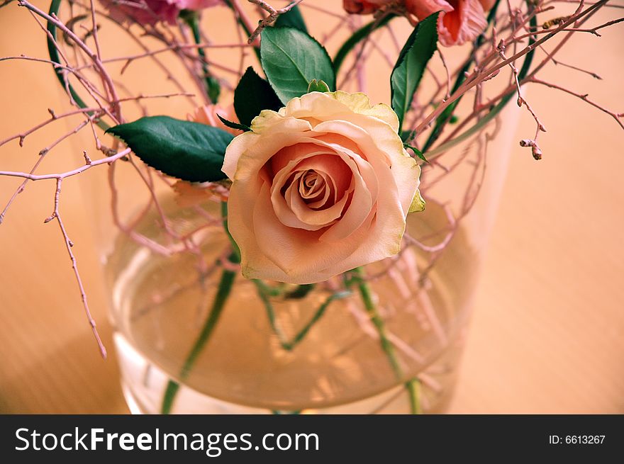 Floral arrangement of pink Rose in glass vase. Floral arrangement of pink Rose in glass vase