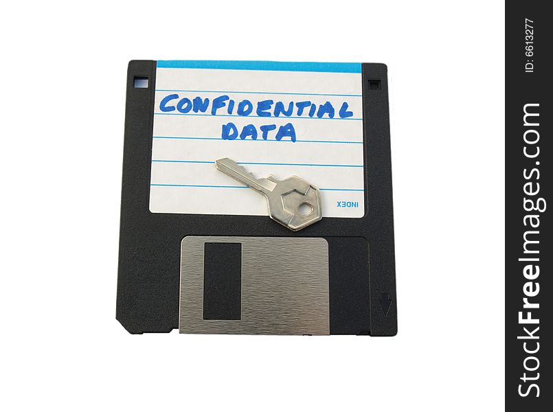 Photograph of a floppy disk, marked CONFIDENTIAL DATA, with a silver key on top. Isolated on white background. Photograph of a floppy disk, marked CONFIDENTIAL DATA, with a silver key on top. Isolated on white background.