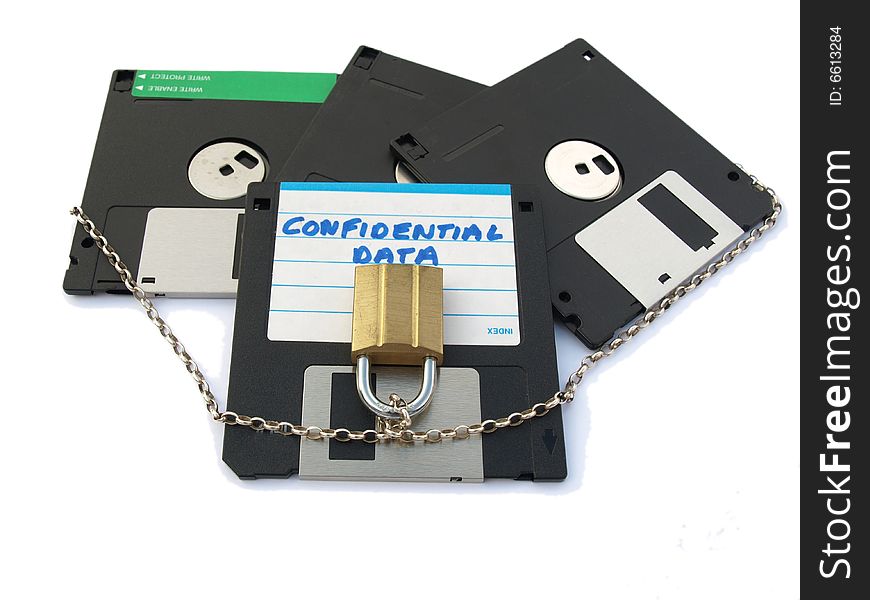 Collection of floppy disks, labelled confidential data with chain and padlock, representing data security. Collection of floppy disks, labelled confidential data with chain and padlock, representing data security.
