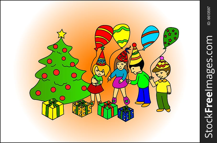 children discovering gifts under tree illustration