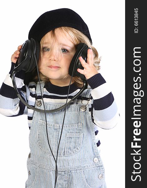 Beauty a little girl listening music on white background