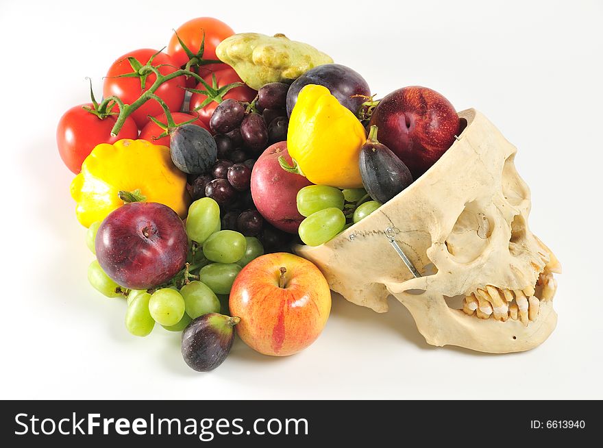 A human skull overflowing with fruits and vegetables, from above. A human skull overflowing with fruits and vegetables, from above.