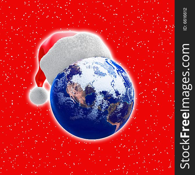 Earth globe and santa hat showing concept of Christmas around the world