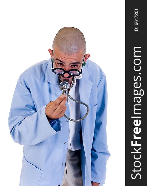 Nutty doctor watching his stethoscope with funny spectacles, on white background