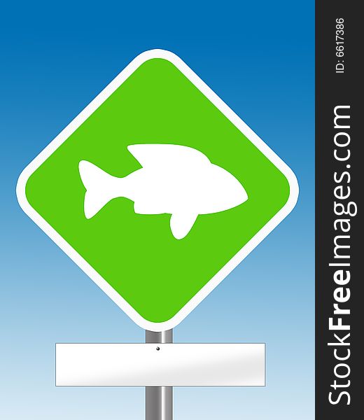 Fish sign with blank board under it in blue background