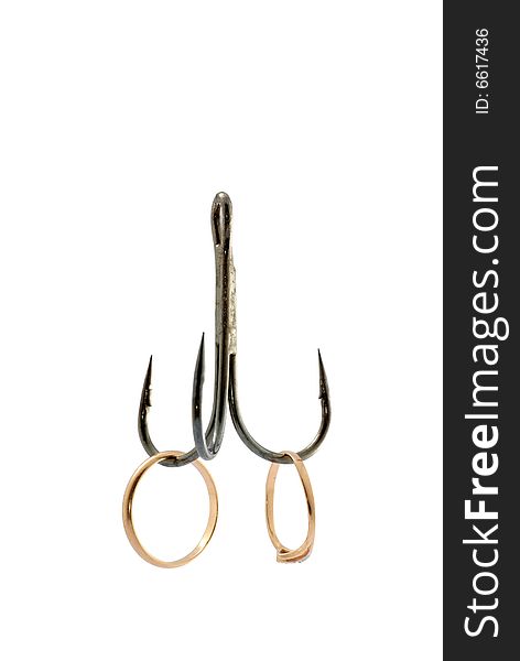 Gold ring on hook, isolated