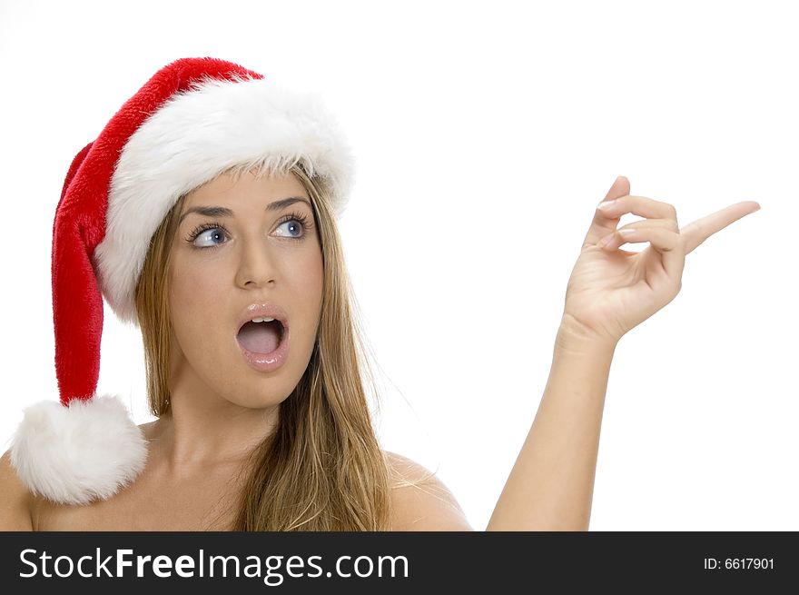 Indicating sexy lady with santa cap