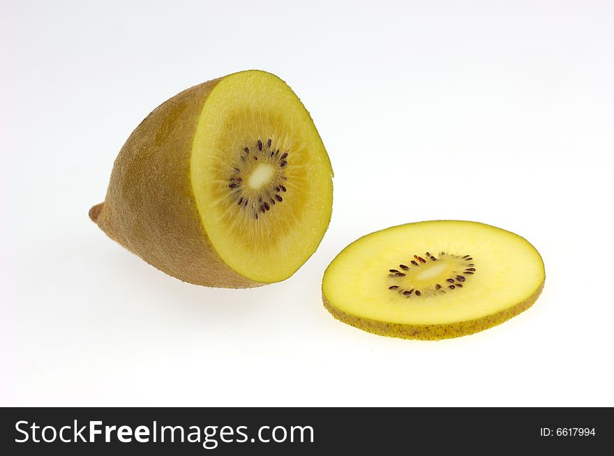 Kiwi fruit and piece  on white background.