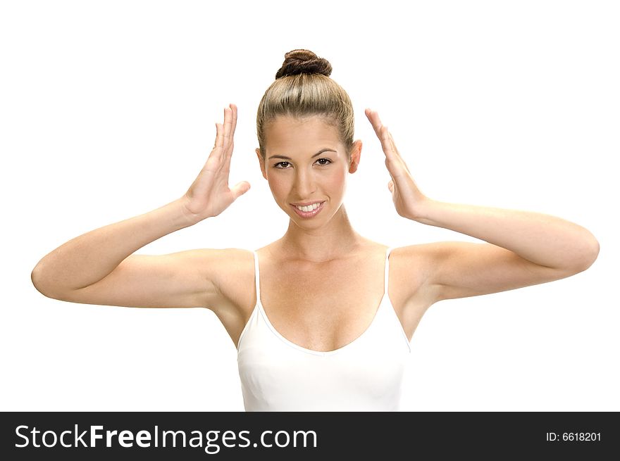 Portrait of dancing female against white background