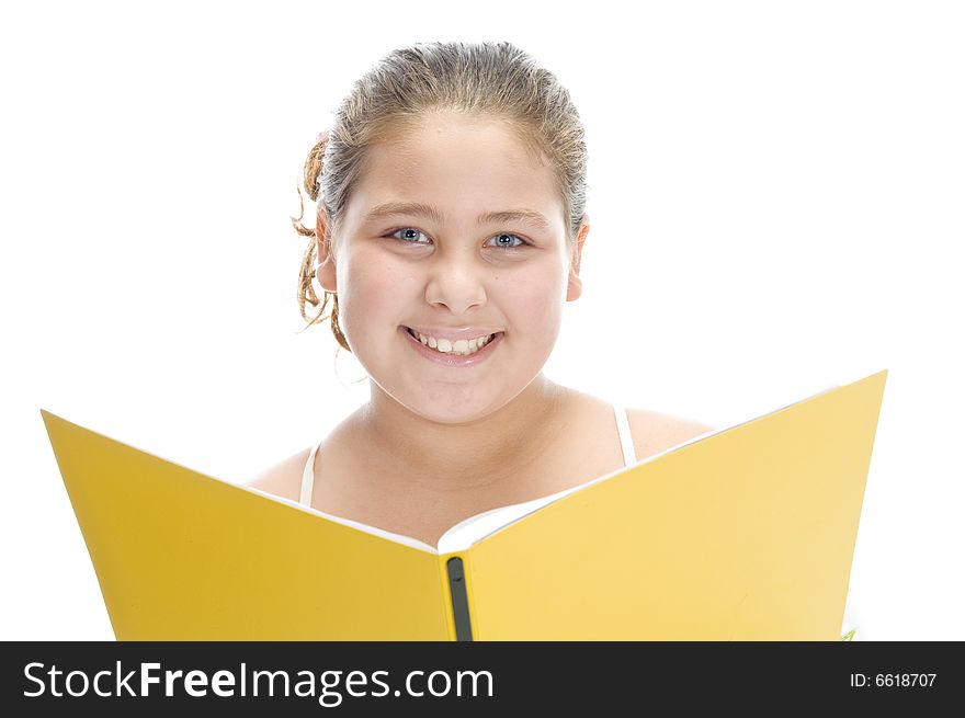 Smiling girl with book on an isolated background