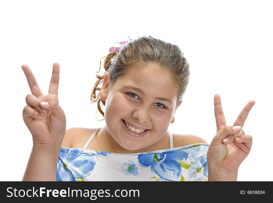 Girl showing winning sign with white background