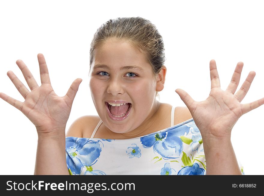 Surprised happy girl against white background