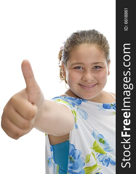 Smiling girl wishing good luck with white background