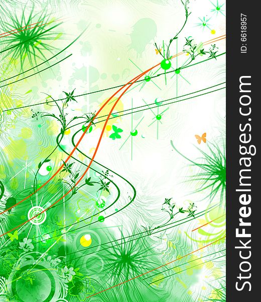 Color abstract illustration with flowers and scrolls