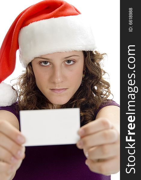 Woman showing visiting card with white background