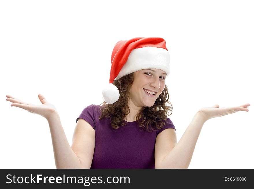 Woman with open palms on an isolated white background