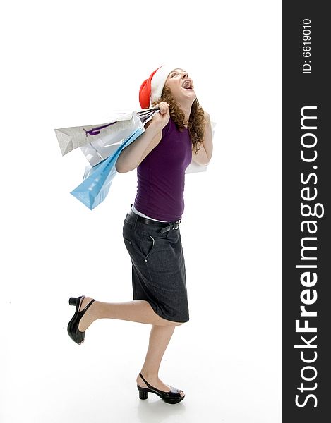 Cheerful lady holding carry bags