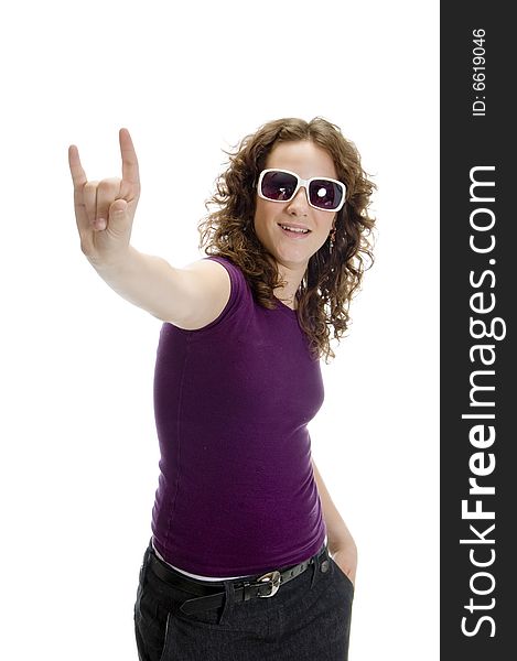 Young lady showing hand gesture on an isolated background