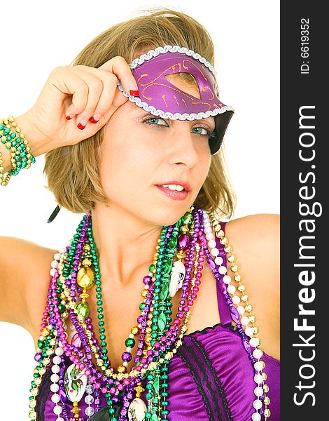 Colorful mardi gras queen opening her mask and wearing a lot of beads. isolated on white blackground. Colorful mardi gras queen opening her mask and wearing a lot of beads. isolated on white blackground