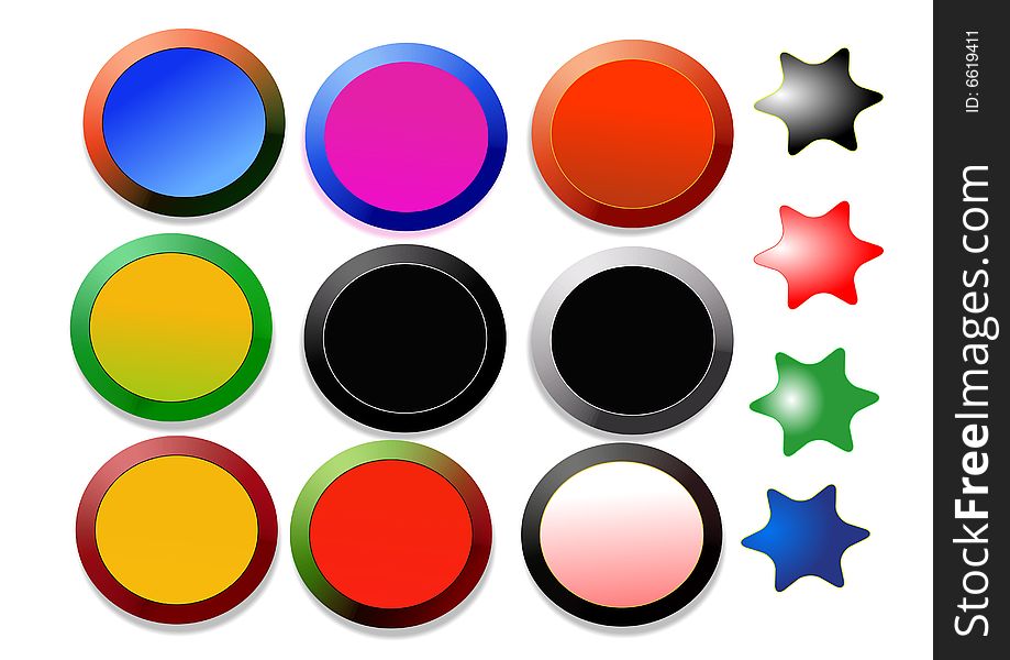 Nine colorful buttons and four stars in a white background