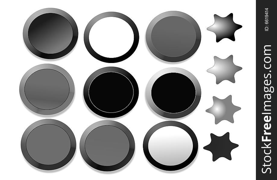 Nine colorful buttons and four stars in a white background. Nine colorful buttons and four stars in a white background