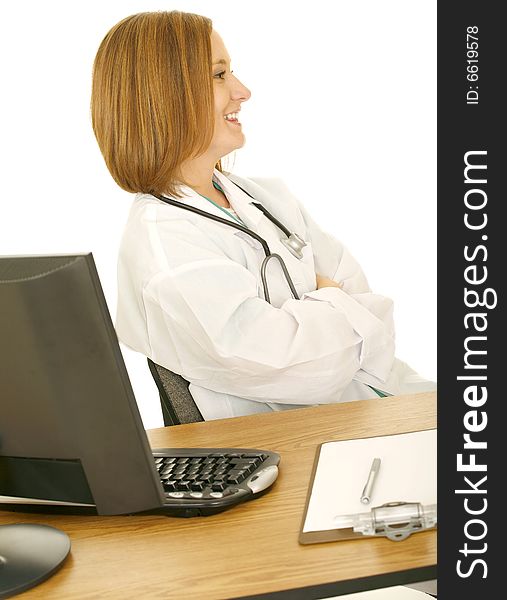 Isolated woman in doctor coat laughing and looking to her side. Isolated woman in doctor coat laughing and looking to her side