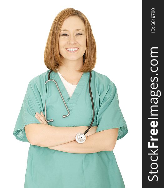 Shot of isolated woman doctor or nurse folding hand. Shot of isolated woman doctor or nurse folding hand
